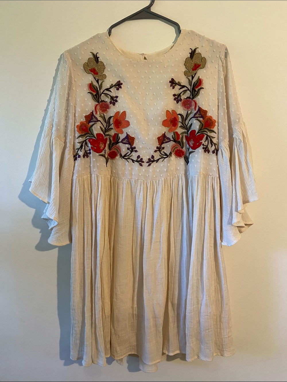 Umgee Cream Boho Long Sleeve Dress with Red & Orange Floral Embroidery